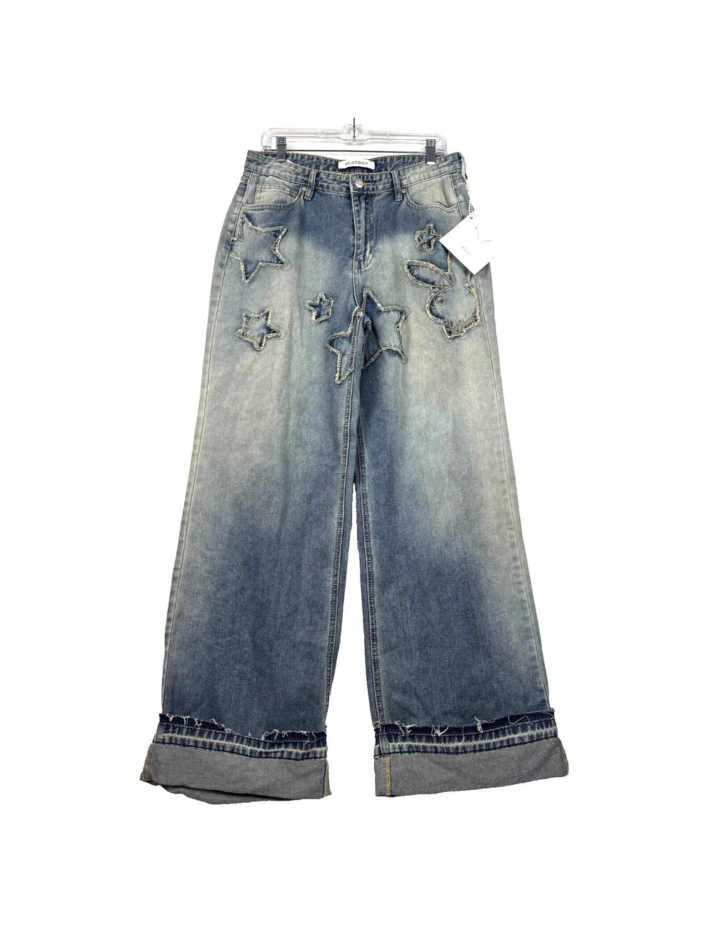 NEW Playboy Womens 13 32x33 Baggy Wide Leg Applique Distressed Denim Jeans Y2K